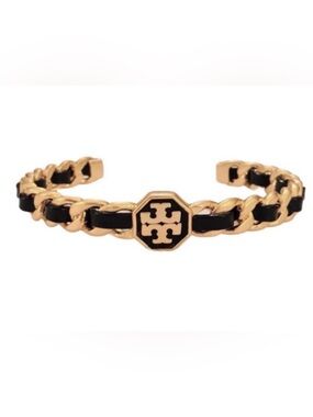 Tory Burch Gold and Black Logo Chain Link Cuff New Size 6 plus